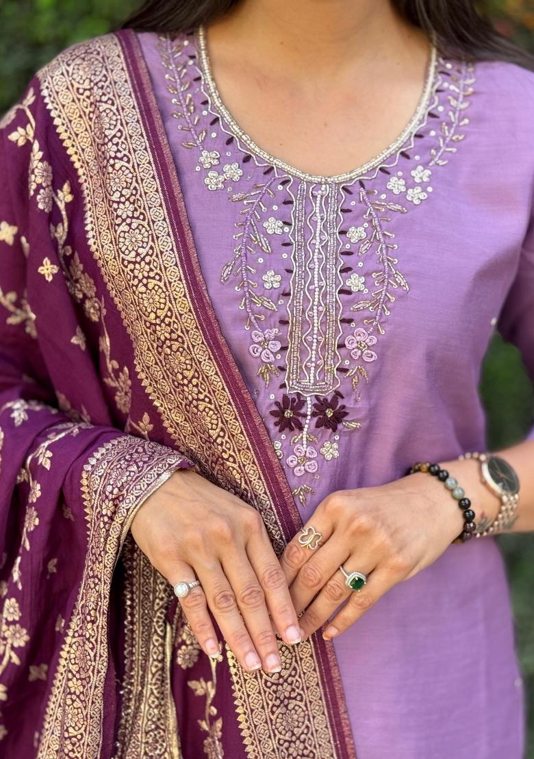 Lavender Embroidered Silk Salwar Kameez With Dupatta