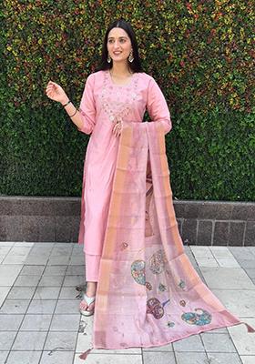 Light Pink Embroidered Silk Salwar Kameez With Dupatta