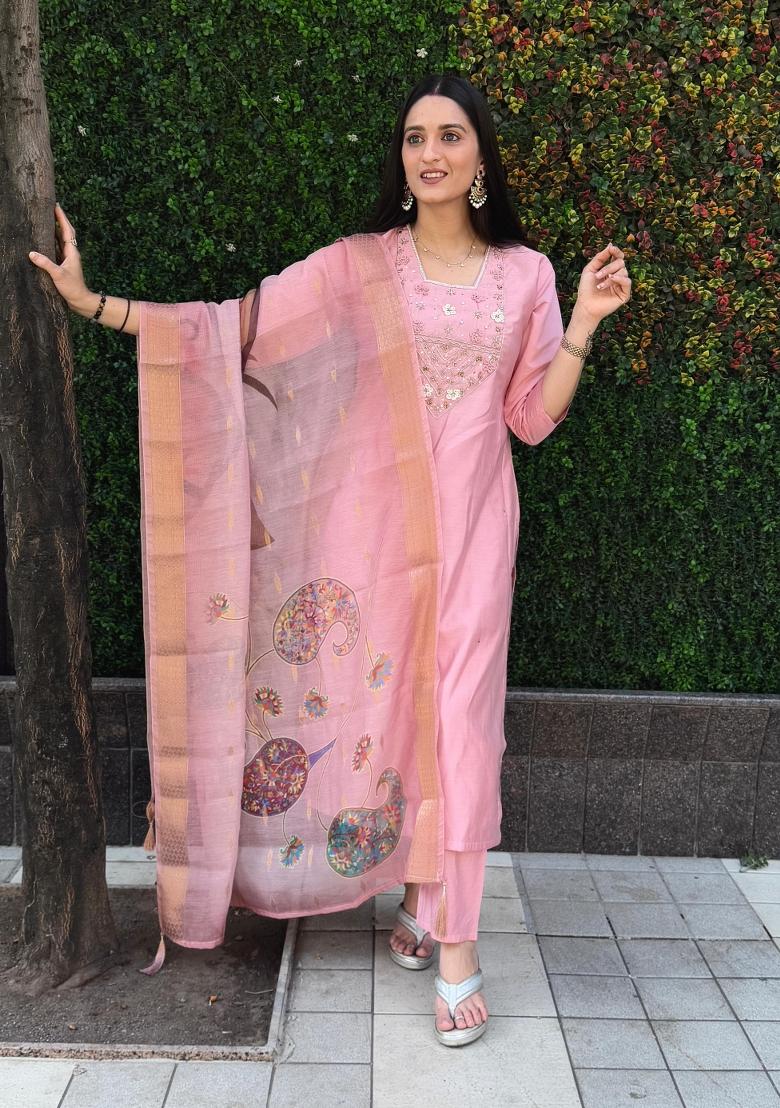 Light Pink Embroidered Silk Salwar Kameez With Dupatta