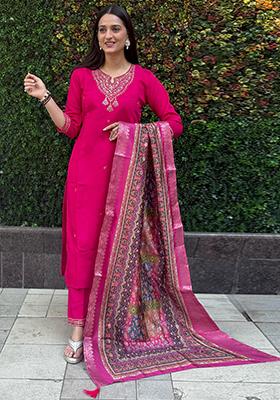 Pink Embroidered Silk Salwar Kameez With Dupatta