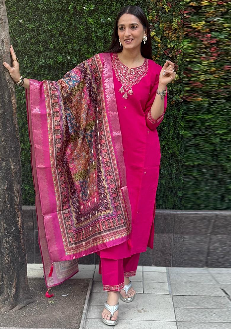 Pink Embroidered Silk Salwar Kameez With Dupatta