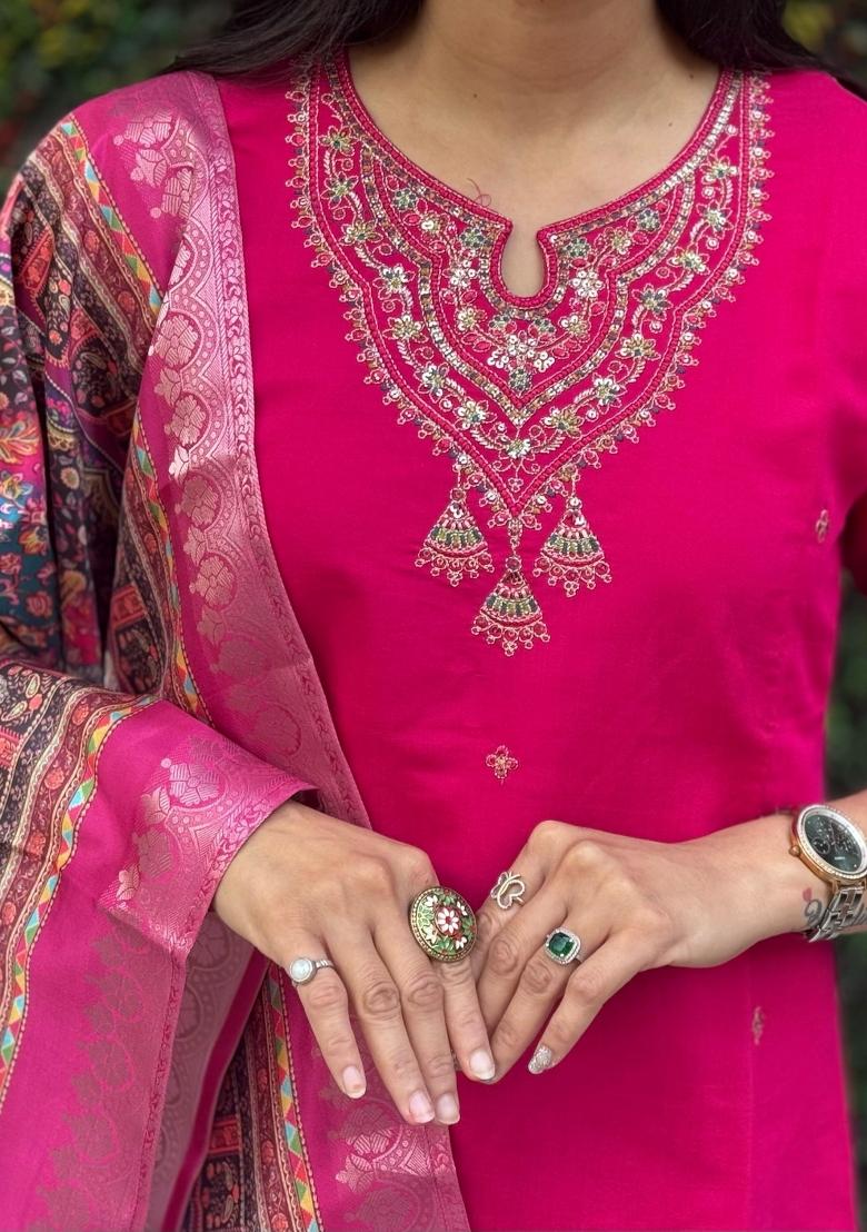 Pink Embroidered Silk Salwar Kameez With Dupatta