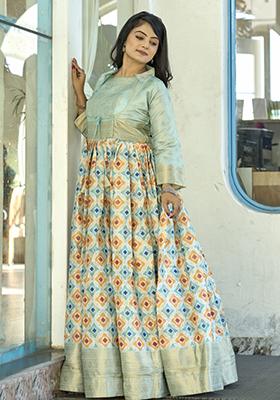 Firozi Blue Printed Soft Silk Anarkali Set 