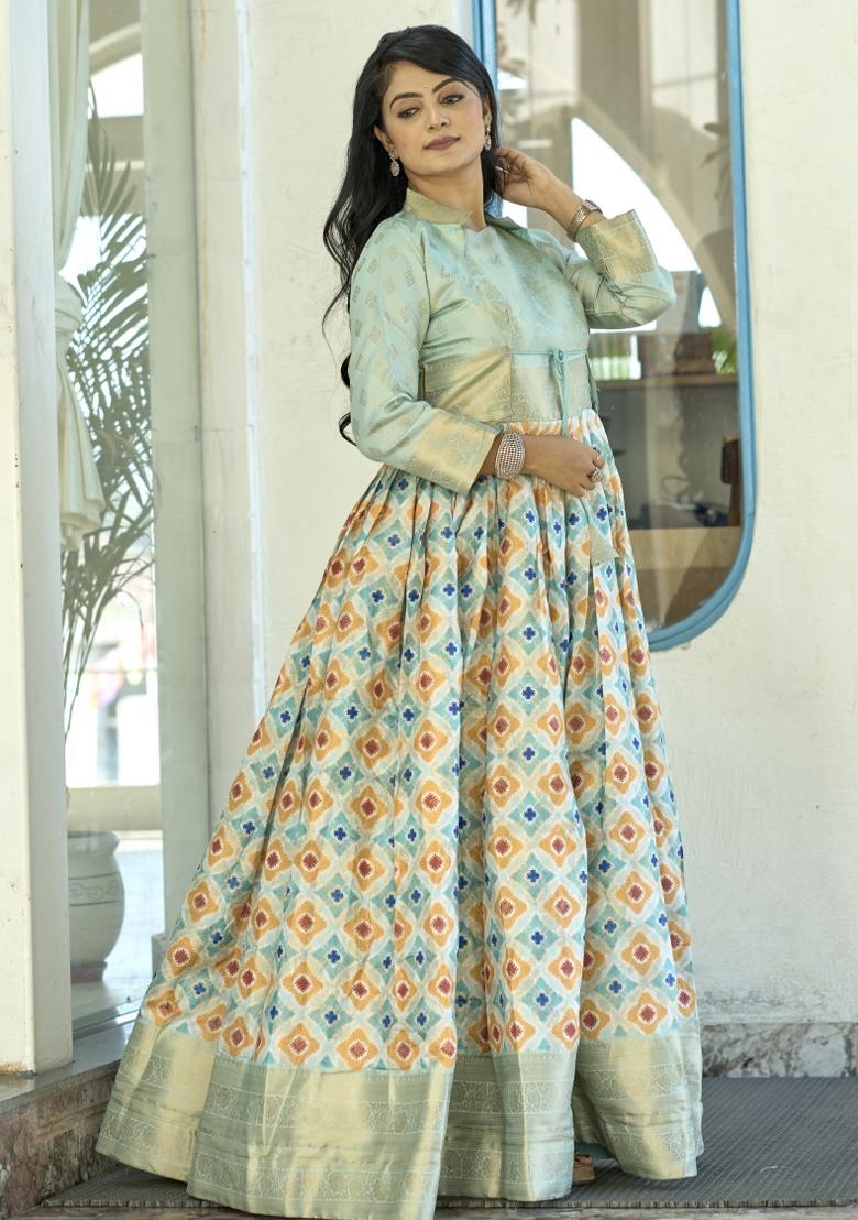 Firozi Blue Printed Soft Silk Anarkali Set 