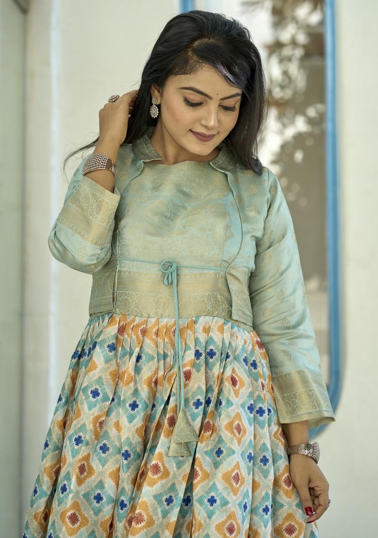 Firozi Blue Printed Soft Silk Anarkali Set 