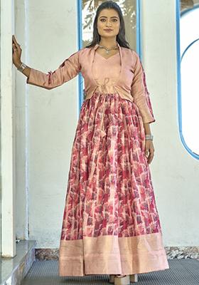 Peach Printed Soft Silk Anarkali Set 
