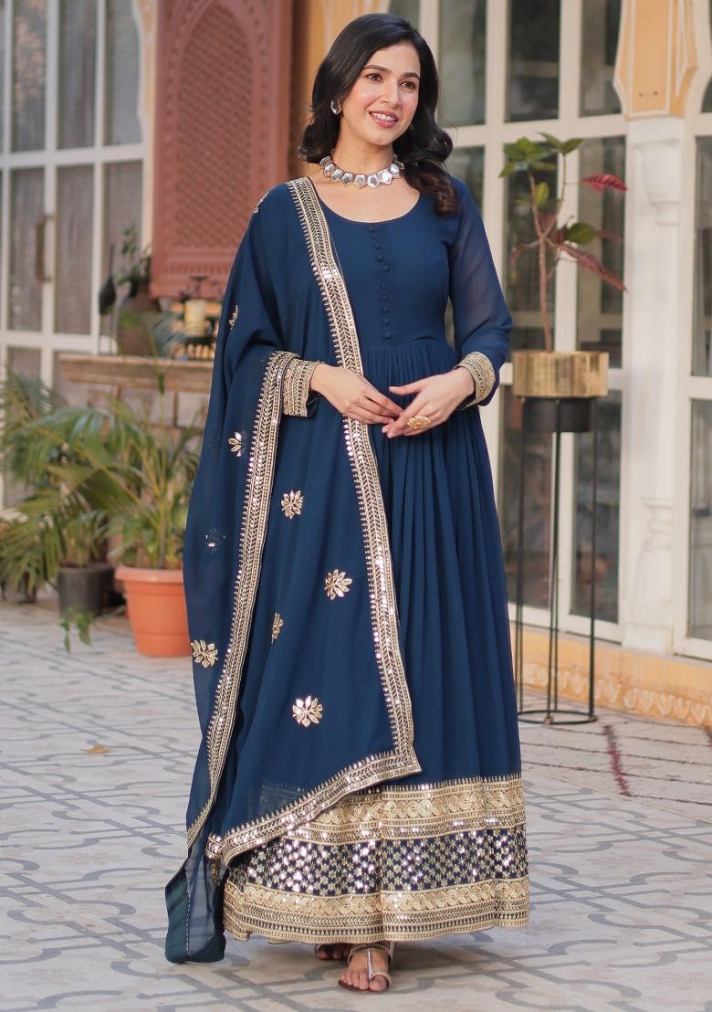 Blue Embroidered Georgette Anarkali Set With Dupatta