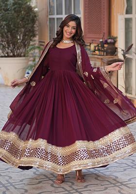 Wine Embroidered Georgette Anarkali Set With Dupatta