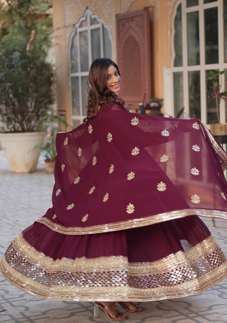 Wine Embroidered Georgette Anarkali Set With Dupatta
