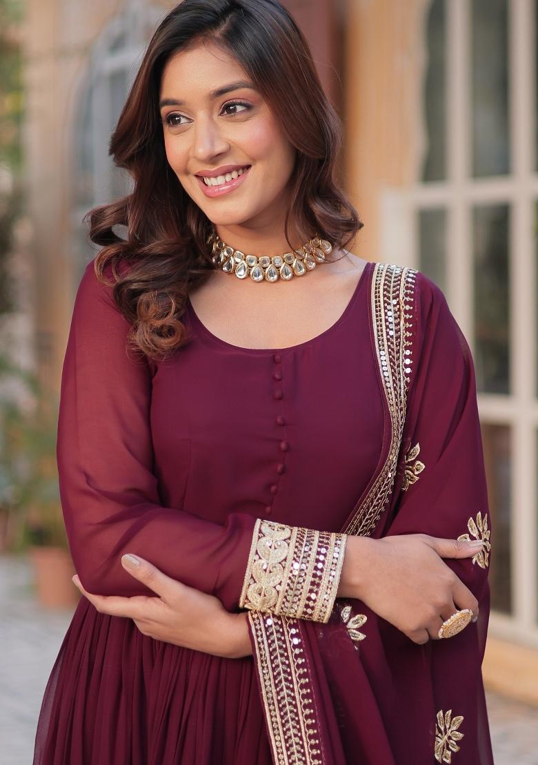 Wine Embroidered Georgette Anarkali Set With Dupatta