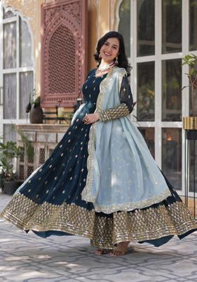 Rama Blue Embroidered Georgette Anarkali Set With Dupatta