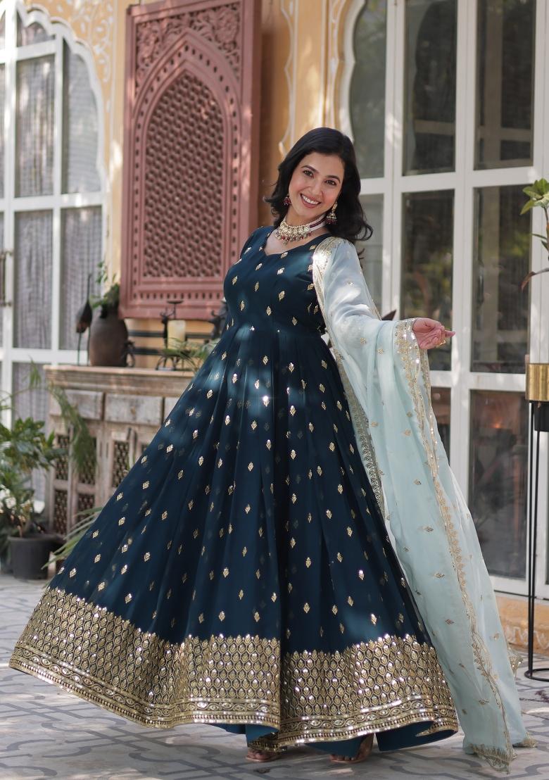 Rama Blue Embroidered Georgette Anarkali Set With Dupatta