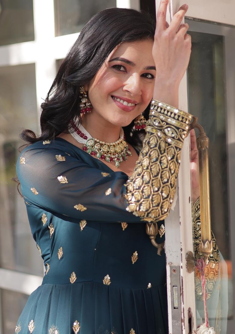 Rama Blue Embroidered Georgette Anarkali Set With Dupatta