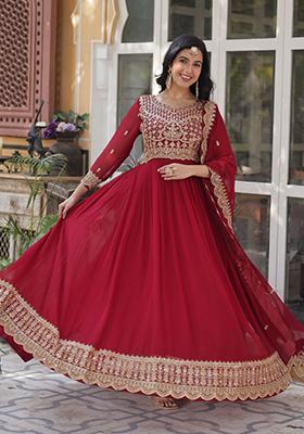 Maroon Embroidered Georgette Anarkali Set With Dupatta