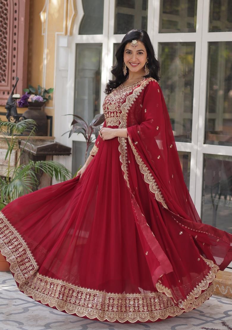 Maroon Embroidered Georgette Anarkali Set With Dupatta