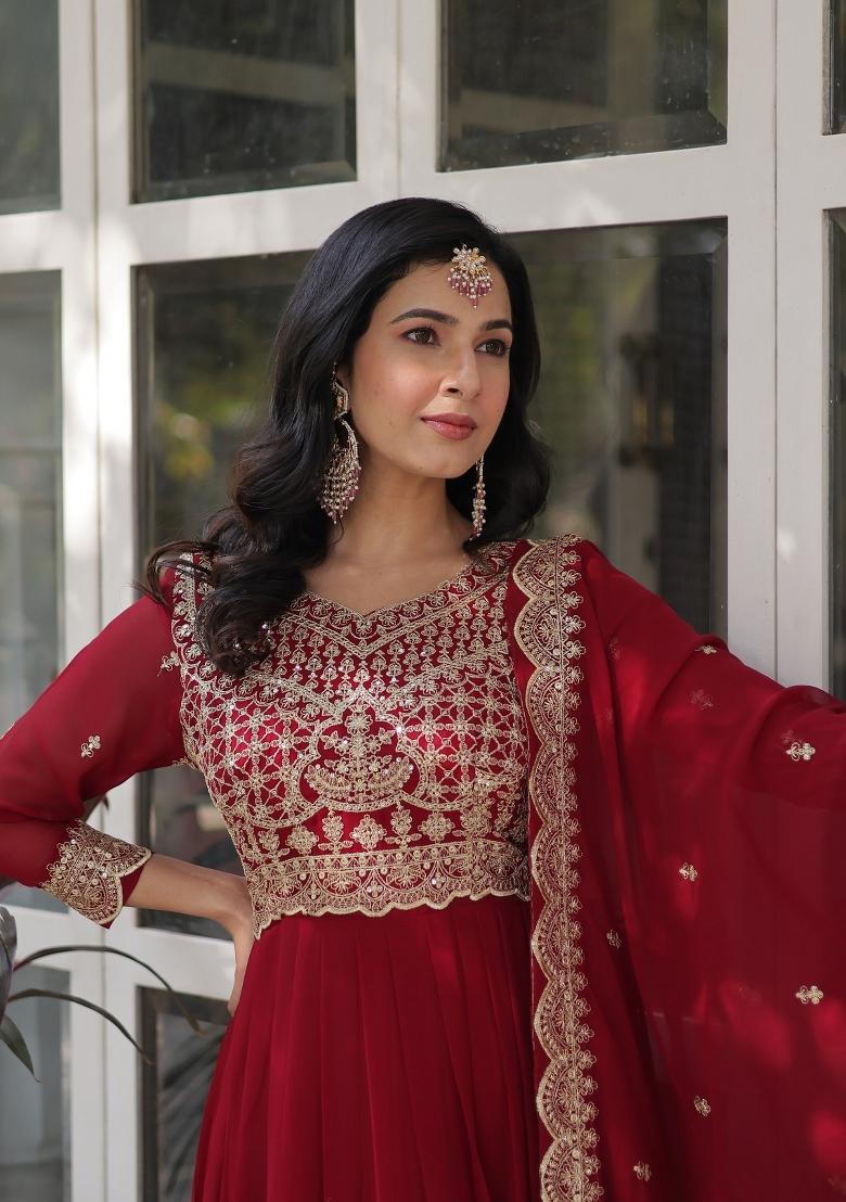 Maroon Embroidered Georgette Anarkali Set With Dupatta