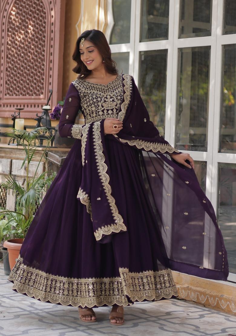 Violet Embroidered Georgette Anarkali Set With Dupatta