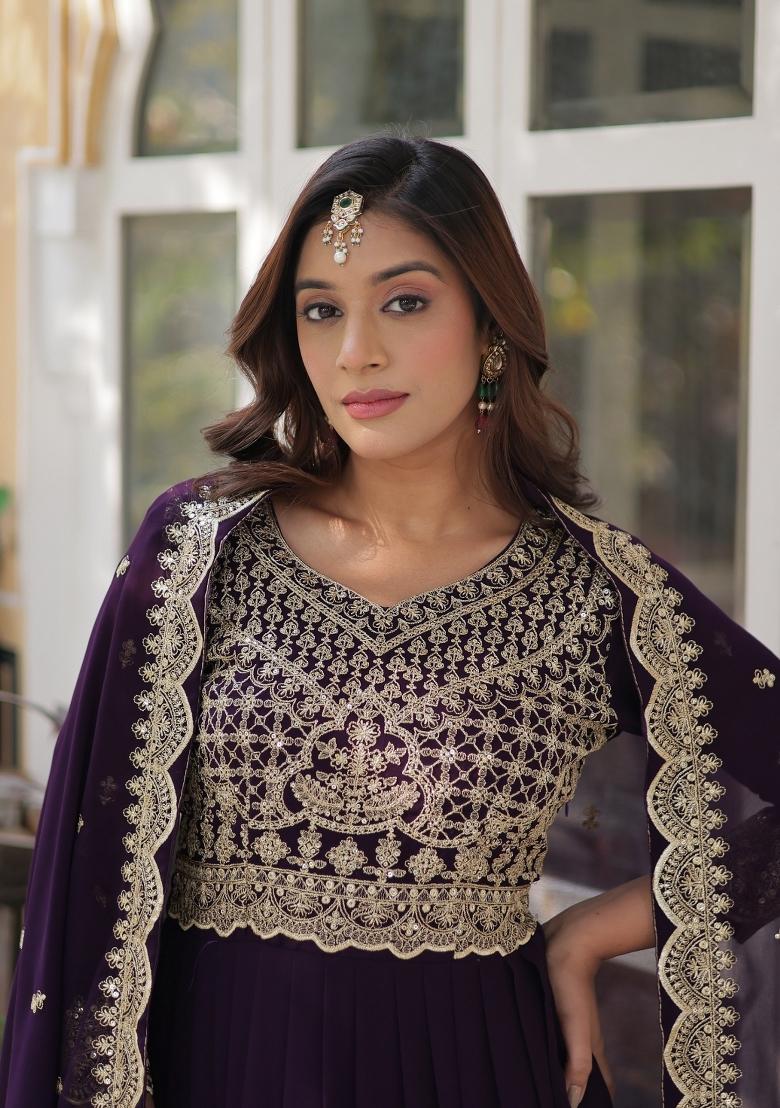 Violet Embroidered Georgette Anarkali Set With Dupatta