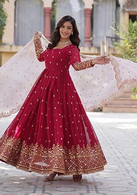 Maroon Embroidered Georgette Anarkali Set With Dupatta