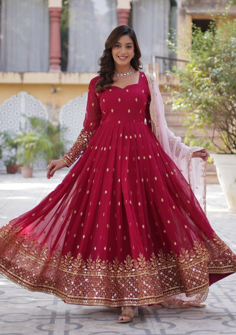 Maroon Embroidered Georgette Anarkali Set With Dupatta