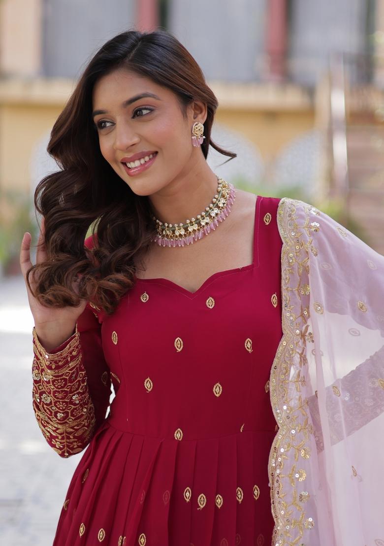 Maroon Embroidered Georgette Anarkali Set With Dupatta