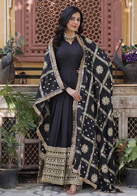 Black Embroidered Georgette Anarkali Set With Dupatta