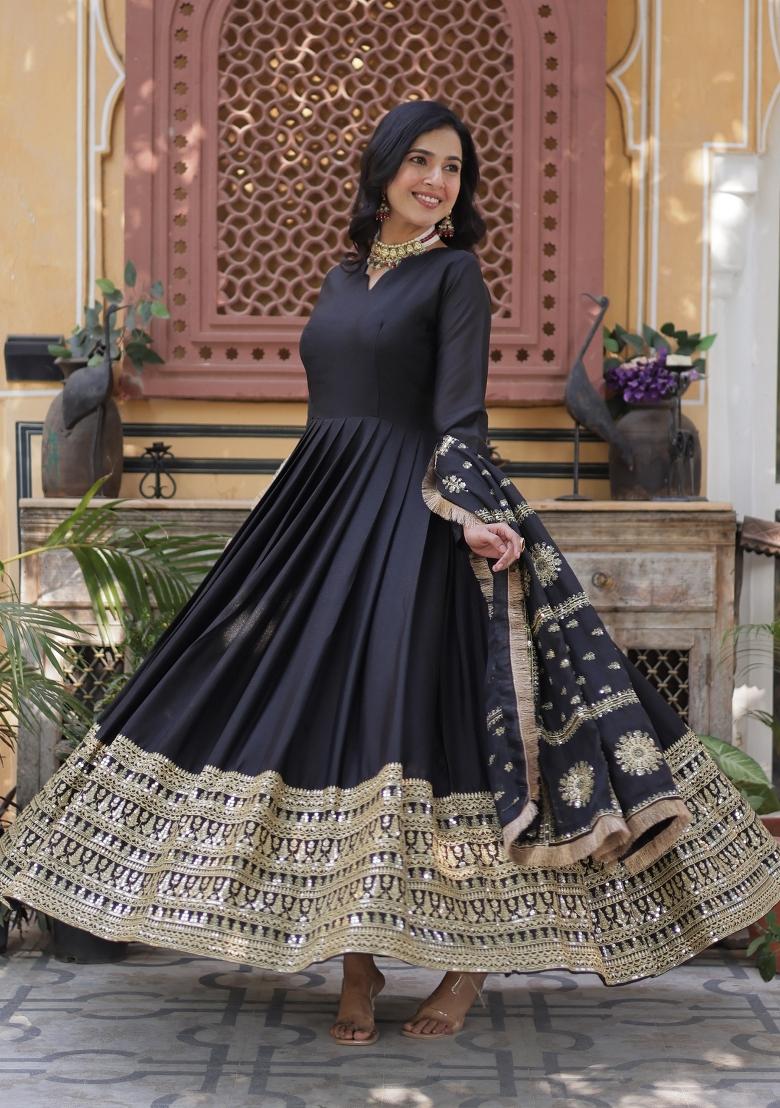 Black Embroidered Georgette Anarkali Set With Dupatta