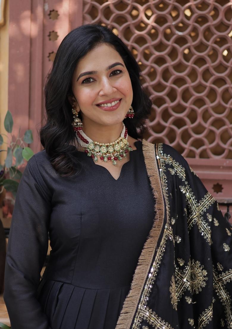 Black Embroidered Georgette Anarkali Set With Dupatta