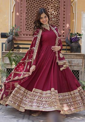 Maroon Embroidered Georgette Anarkali Set With Dupatta
