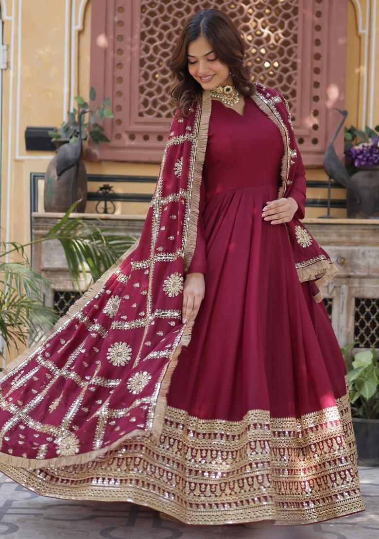 Maroon Embroidered Georgette Anarkali Set With Dupatta