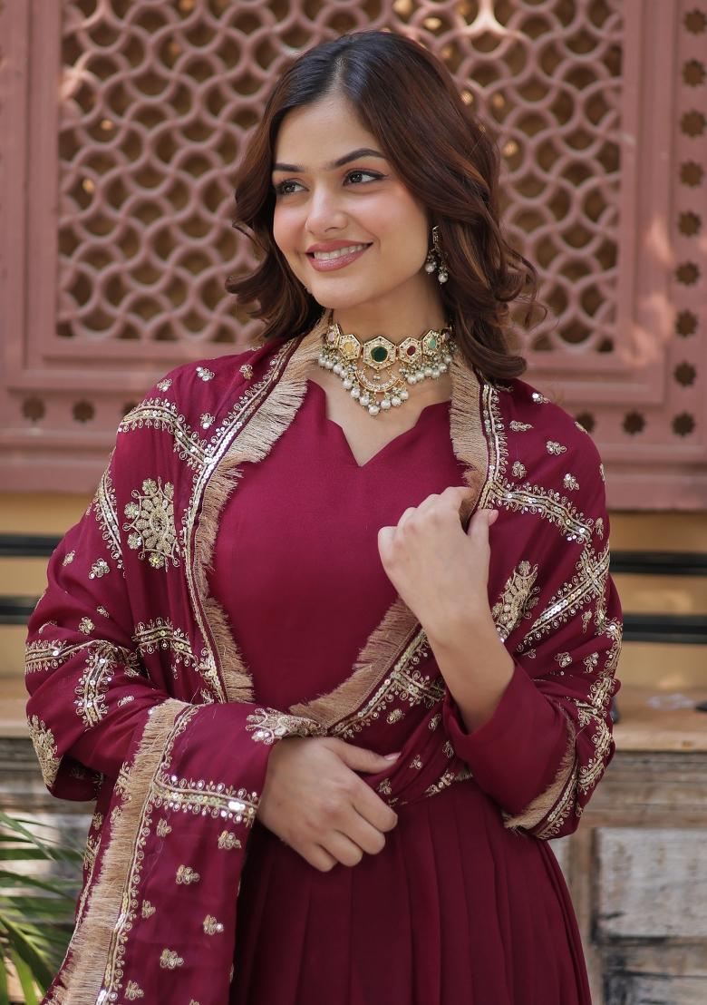 Maroon Embroidered Georgette Anarkali Set With Dupatta