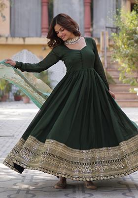 Green Embroidered Vichitra Silk Anarkali Set With Dupatta