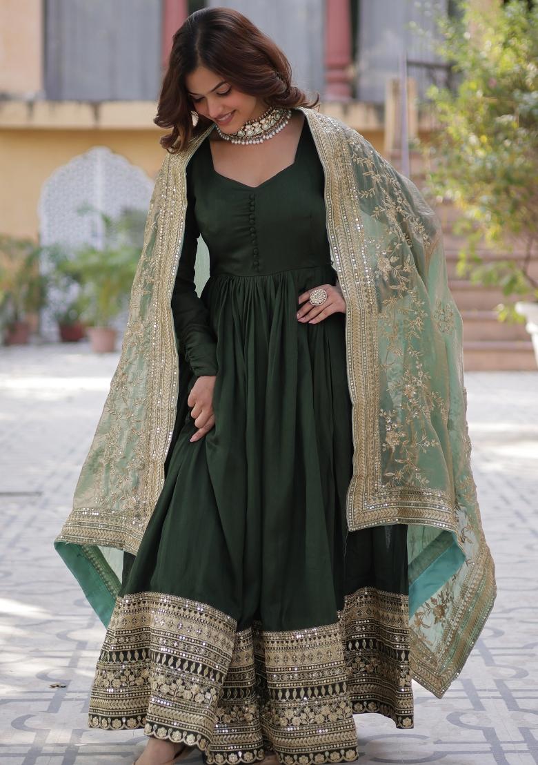 Green Embroidered Vichitra Silk Anarkali Set With Dupatta