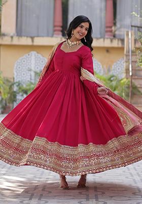 Pink Embroidered Vichitra Silk Anarkali Set With Dupatta