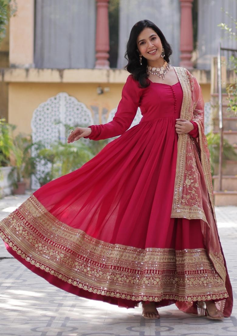 Pink Embroidered Vichitra Silk Anarkali Set With Dupatta