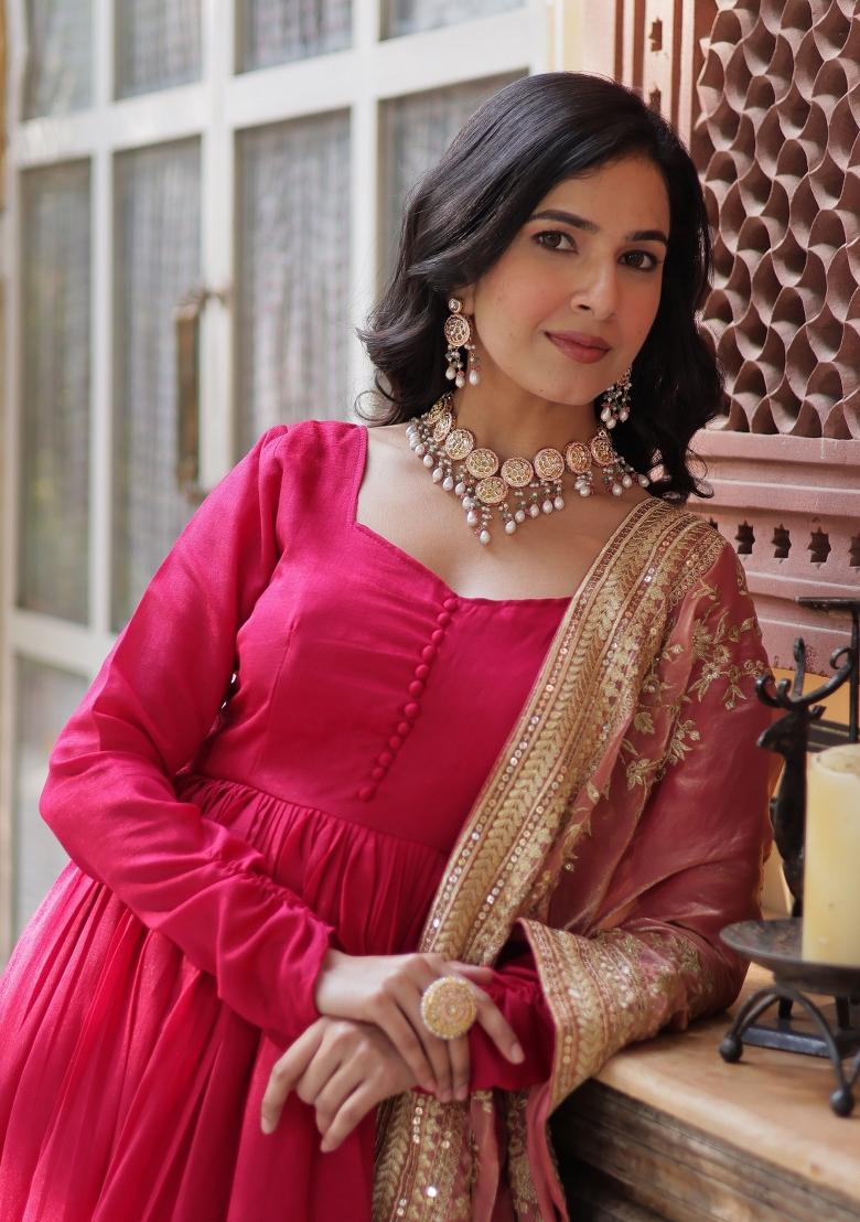 Pink Embroidered Vichitra Silk Anarkali Set With Dupatta