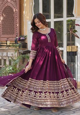 Wine Embroidered Vichitra Silk Anarkali Set With Dupatta