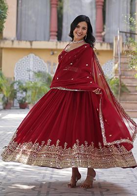 Maroon Embroidered Georgette Anarkali Set With Dupatta