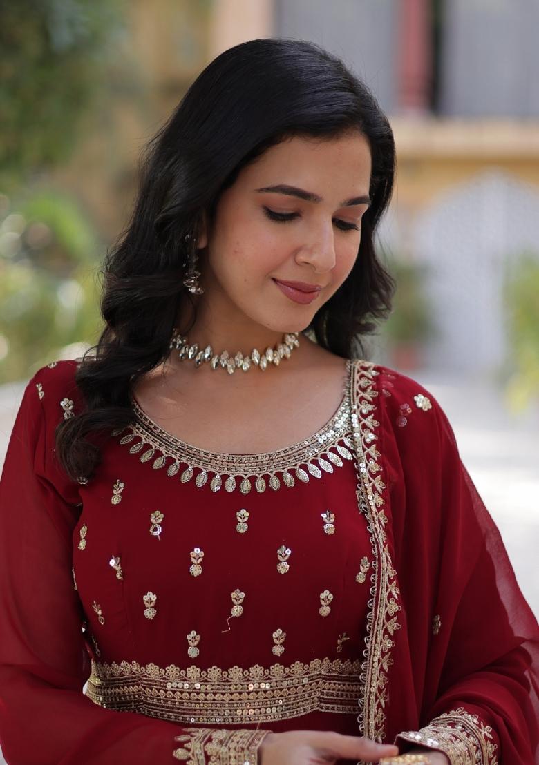 Maroon Embroidered Georgette Anarkali Set With Dupatta