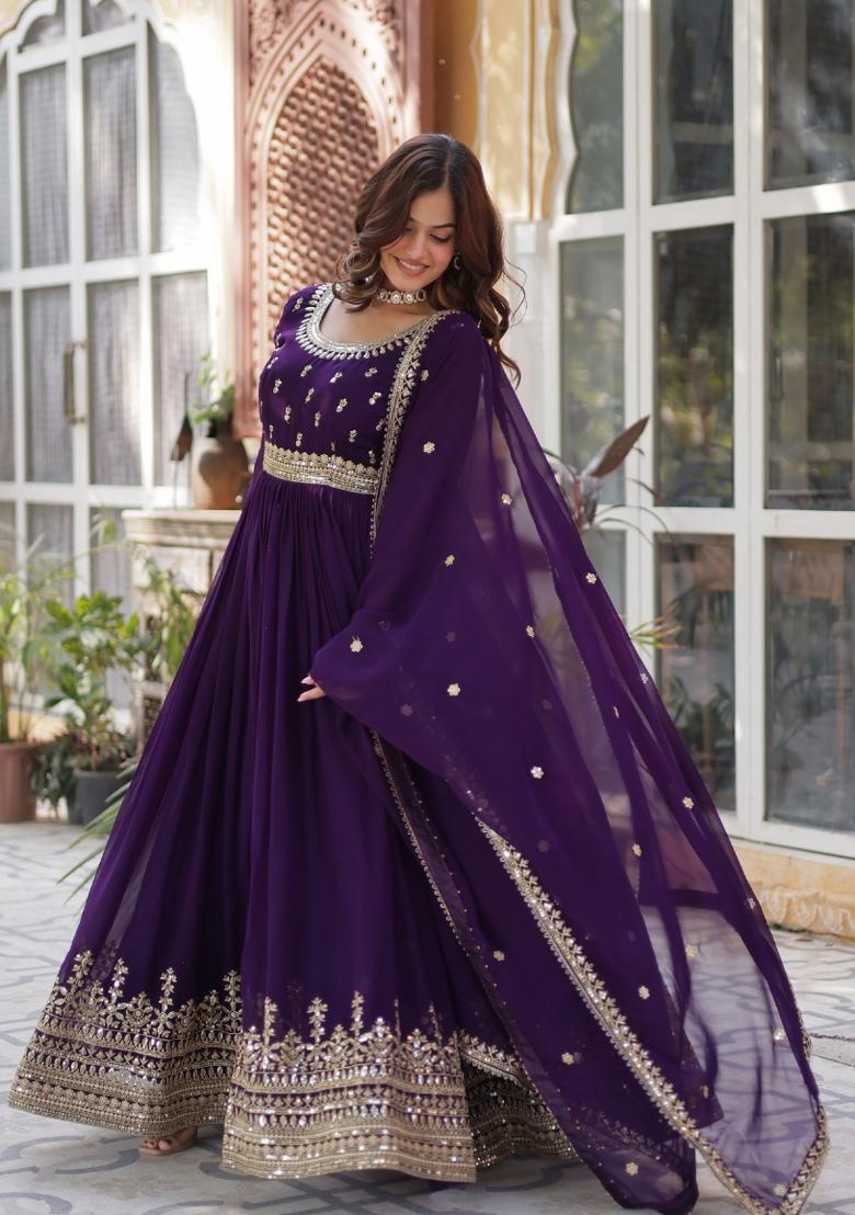 Purple Embroidered Georgette Anarkali Set With Dupatta