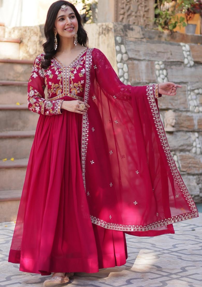 Pink Embroidered Georgette Anarkali Set With Dupatta