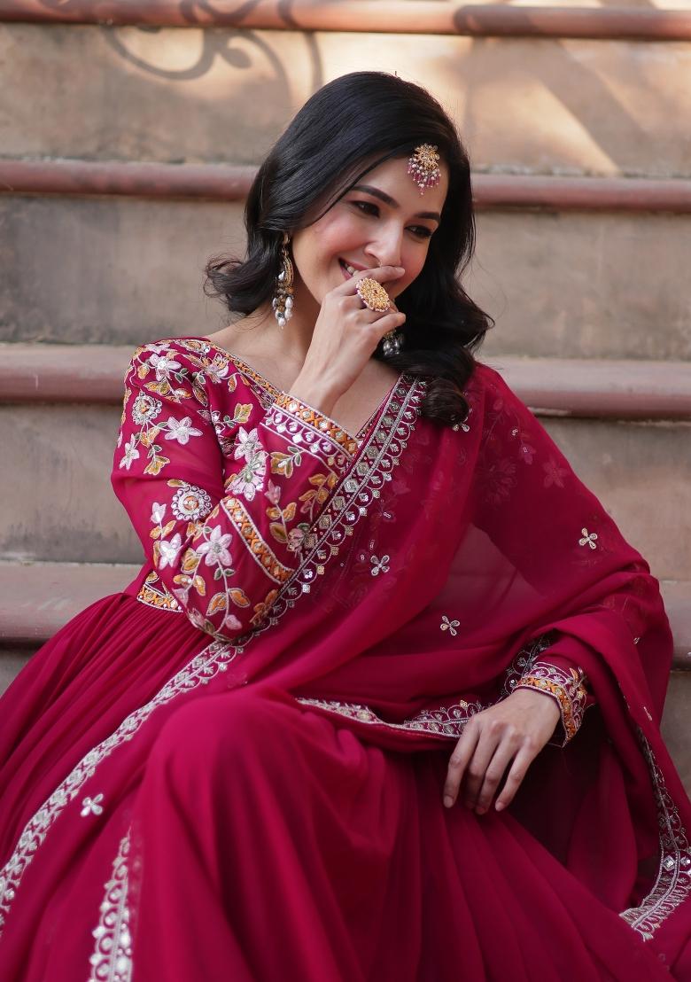 Pink Embroidered Georgette Anarkali Set With Dupatta