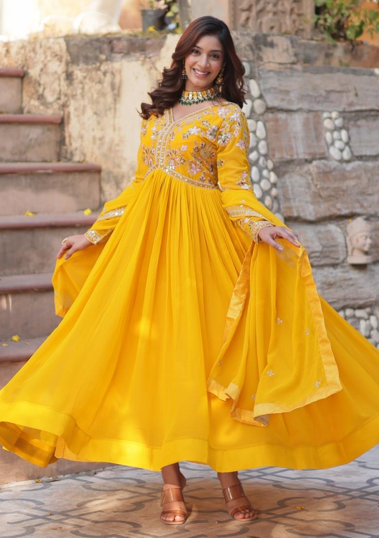 Yellow Embroidered Georgette Anarkali Set With Dupatta