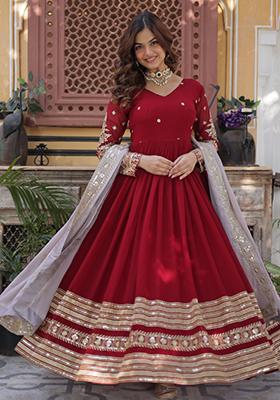 Maroon Embroidered Georgette Anarkali Set With Dupatta