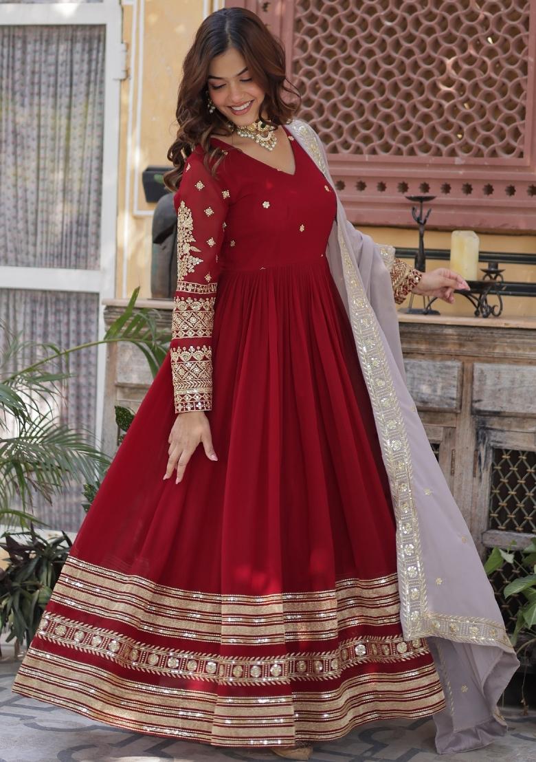 Maroon Embroidered Georgette Anarkali Set With Dupatta