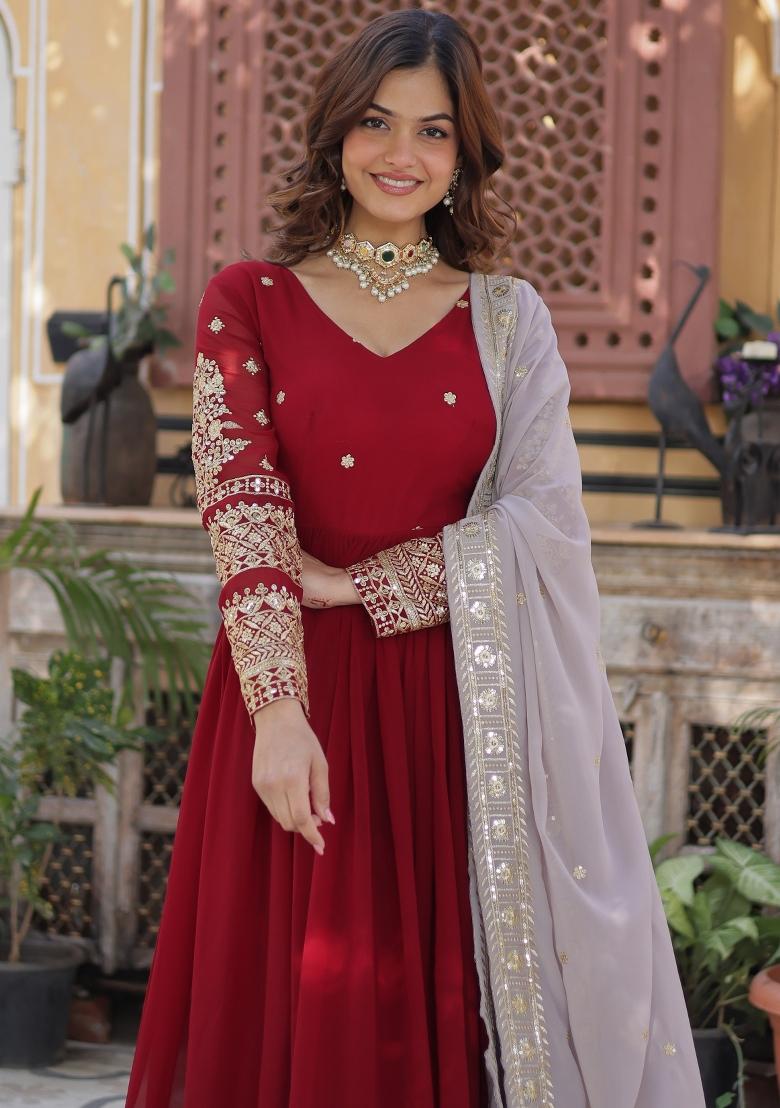 Maroon Embroidered Georgette Anarkali Set With Dupatta