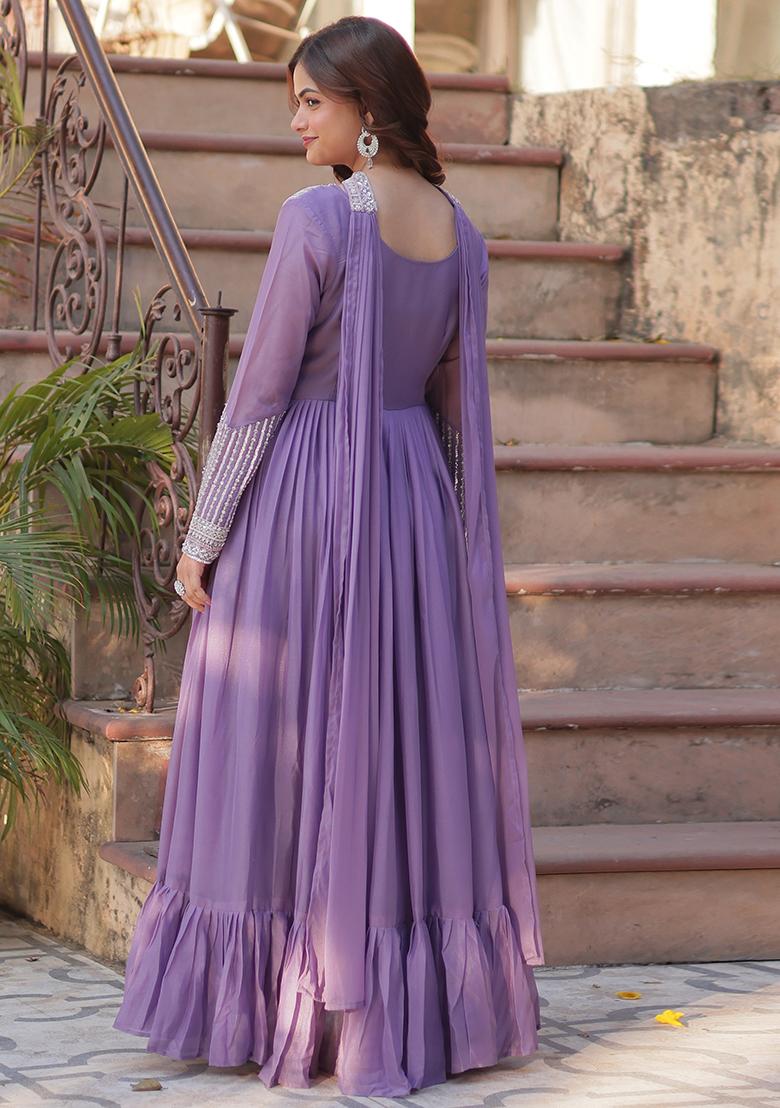Lavender Embroidered Georgette Anarkali Set With Dupatta