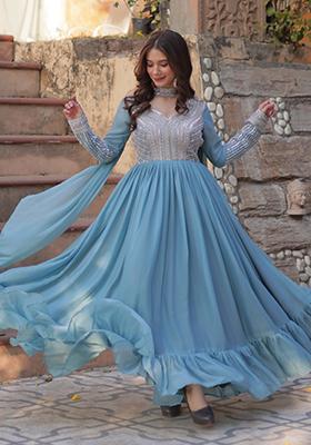 Sky Blue Embroidered Georgette Anarkali Set With Dupatta
