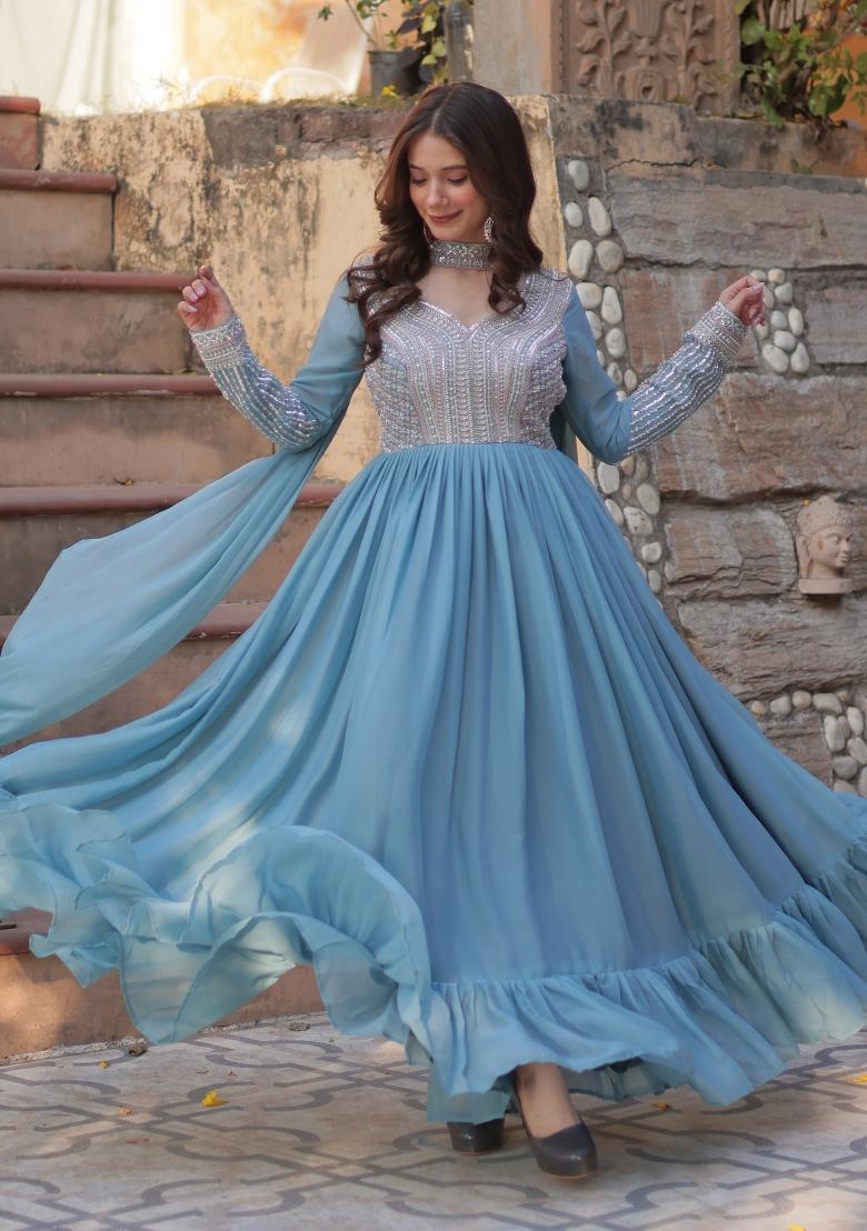 Sky Blue Embroidered Georgette Anarkali Set With Dupatta