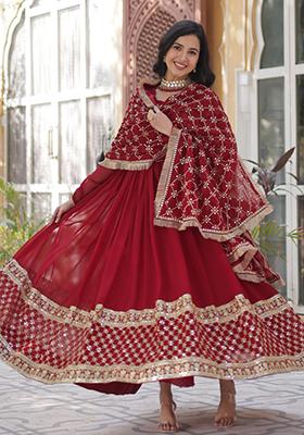 Maroon Embroidered Georgette Anarkali Set With Dupatta